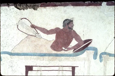 Griechische Malerei aus dem Grab des Tauchers, Paestum, 480 v. Chr. Bankettszene. Symposiumsszene, Italien